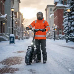Graphic depicting essential safety gear for winter electric scooter riders, including high-visibility clothing and thermal gloves.