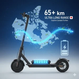 Technical illustration of a high-capacity battery for a long range electric scooter showing a 65km+ distance map.