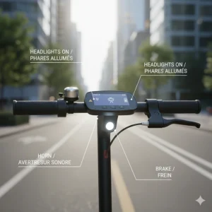 Graphic illustration of safety features on a comfortable electric scooter with bilingual English and French labels for Canadian riders.