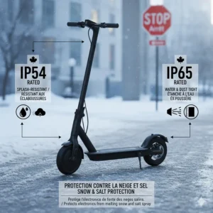 Graphic explaining IP54 and IP65 water resistance ratings for protecting e-scooters against melting snow and salt.