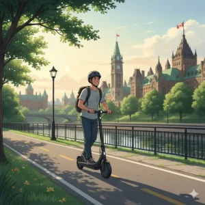 Person riding a portable electric scooter on a designated bike path along the Rideau Canal in Ottawa, Canada.