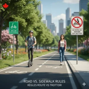 Illustration showing an electric scooter correctly positioned in a bike lane versus a no-riding symbol on a pedestrian sidewalk.