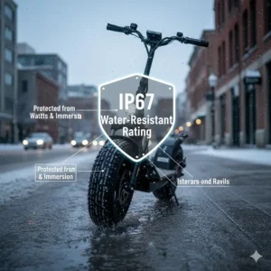 Diagram explaining IP water-resistance ratings for a winter electric scooter protecting against slush and melting snow.