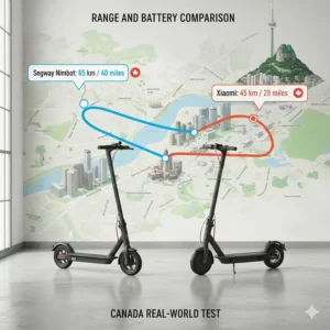 Infographic comparing the real-world battery range of Segway Ninebot and Xiaomi electric scooters on Canadian city streets.