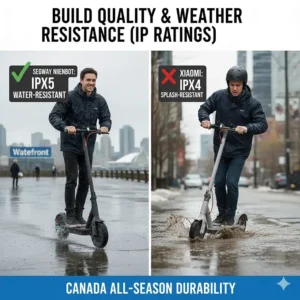 Durability and IPX waterproof ratings for Segway Ninebot vs Xiaomi electric scooters in Canadian weather conditions. Trottinette électrique résistante à l'eau.