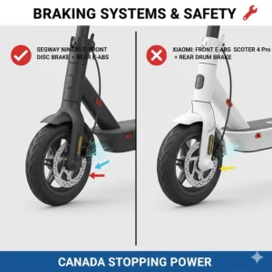 Technical comparison of the disc brakes and e-ABS safety features on Segway Ninebot vs Xiaomi electric scooters.