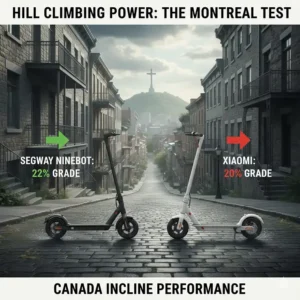 Illustration of Segway Ninebot vs Xiaomi electric scooters' hill climbing performance on steep Canadian urban inclines.