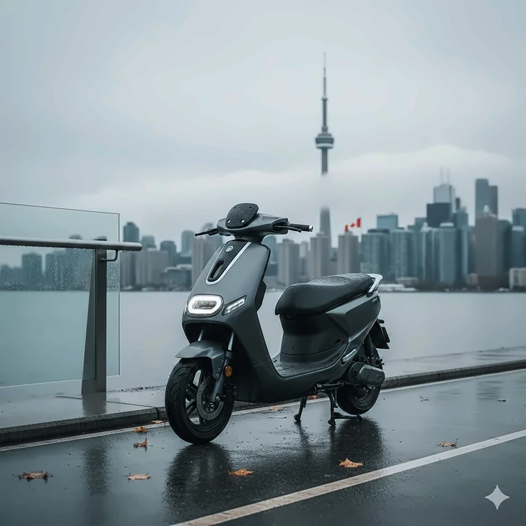 A high-performance smart electric scooter for the Canadian market, featuring a digital display and foldable frame, parked on a city bike path with a Toronto skyline background.
