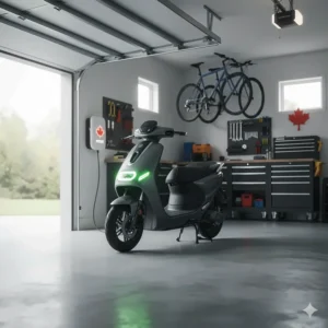 A smart electric scooter plugged into a fast-charging station in a Canadian home garage, showcasing long-range battery efficiency for daily use.