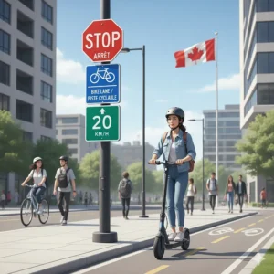 An illustration of a scooter rider following Canadian road signs and local micro-mobility regulations.