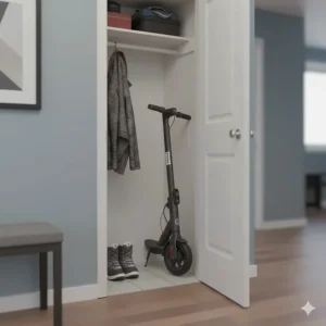 Illustration of a folded electric scooter tucked neatly in a hallway closet during a Canadian winter.