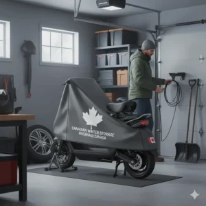 Illustration of a seated electric scooter stored neatly in a Canadian garage during the off-season.