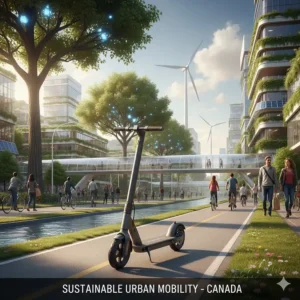 Illustration of a portable electric scooter as a sustainable transportation alternative in a green Canadian city.