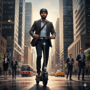 A professional commuter on a foldable electric scooter navigating Bay Street skyscrapers in downtown Toronto.
