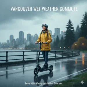 Stylized illustration of a commuter using a waterproof electric scooter on a wet Vancouver seawall during a light drizzle.