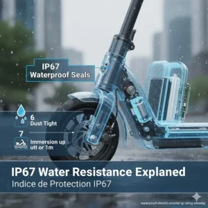 A technical diagram explaining IP67 water resistance ratings for an all-weather electric scooter in Canada.