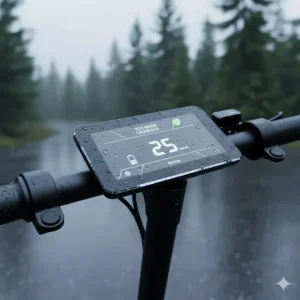 Close-up of a waterproof smart electric scooter dashboard showing battery life and speed, designed for unpredictable Canadian weather conditions.