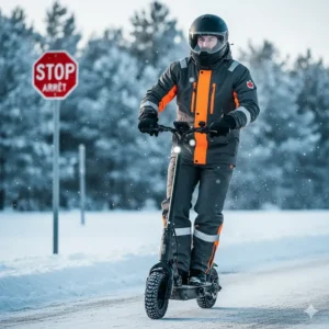 Canadian rider wearing high-visibility thermal gear and a helmet for a safe electric scooter winter commute.