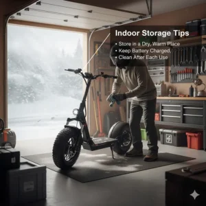 Illustration of the best practices for indoor storage of a winter electric scooter during a Canadian blizzard.