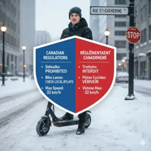 Information graphic about winter electric scooter regulations in Canada / Réglementation des trottinettes électriques en hiver au Canada.