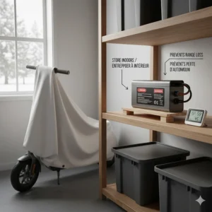 Illustration showing how to store a lithium battery indoors during cold Canadian winters to prevent range loss.