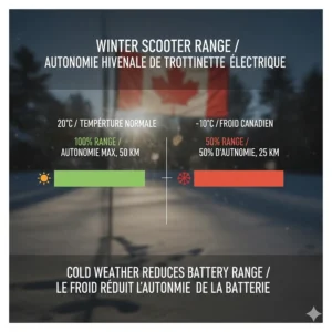A chart comparing electric scooter battery range in 20°C vs -10°C Canadian winter temperatures.