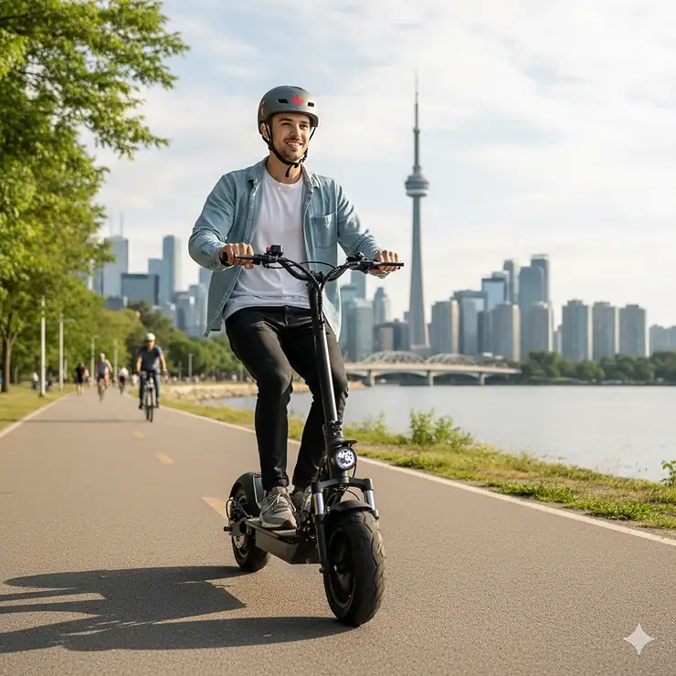 A person riding a 1000W electric scooter on a paved urban path in Canada, highlighting legal city commuting and powerful motor performance.