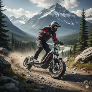 A rugged dual motor electric scooter navigating a gravel trail in the Canadian Rockies.