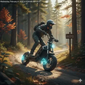 A dual motor scooter navigating a gravel path, highlighting the advantage of dual traction for Canadian off-road trails.