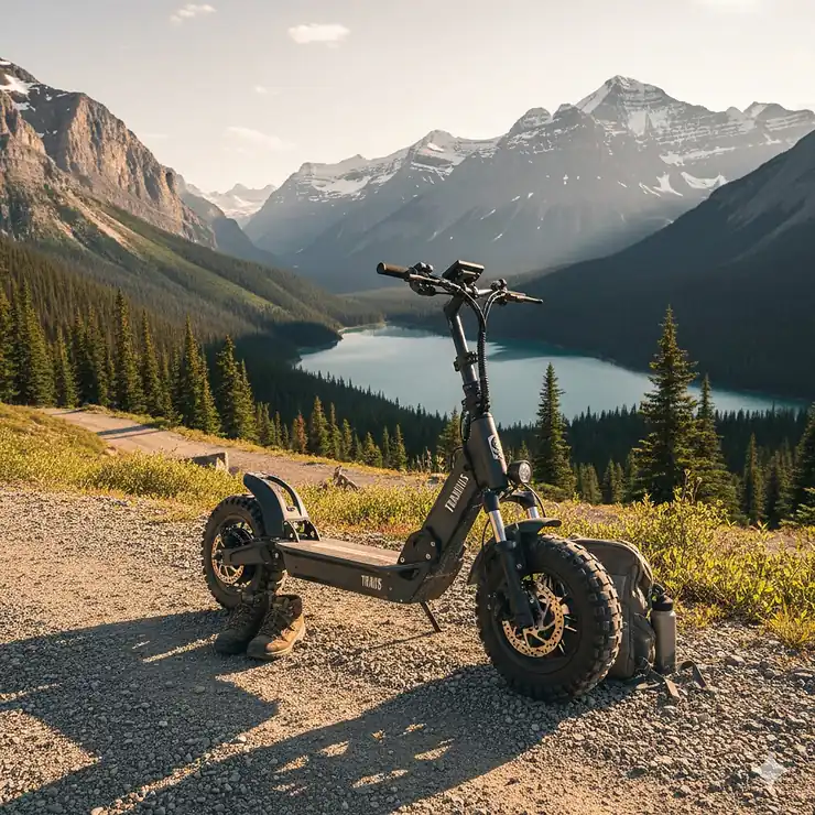 A high-performance all terrain electric scooter with pneumatic tires parked on a gravel trail in the Canadian Rockies, showcasing its rugged off-road capabilities.