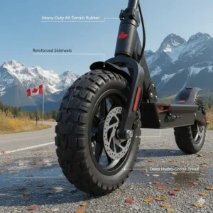 Close-up illustration of heavy-duty tires on a racing electric scooter, built for diverse Canadian road conditions and light trails.