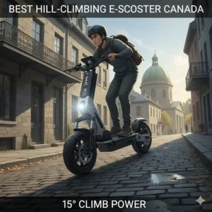 Illustration of a performance electric scooter under $2000 climbing a steep street in Montreal. Focus on dual-motor power and 15-degree incline capability.