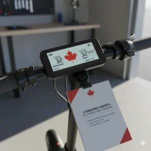 Close-up of a 1000W electric scooter safety manual featuring English and French (Français) instructions for Canadian riders.