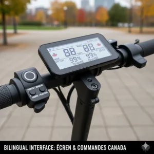 Close-up illustration of a digital LCD cockpit on a high speed scooter for heavy adults with bilingual English and French interface options.