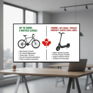 Infographic explaining 1000W electric scooter Canada legal requirements and provincial power limits for e-scooters.