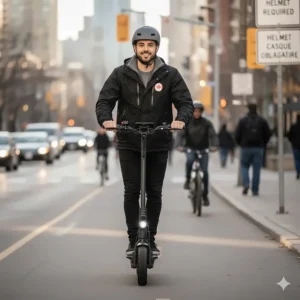 Rider wearing a certified helmet on a 1000W electric scooter, complying with Canadian provincial safety regulations and legal standards.