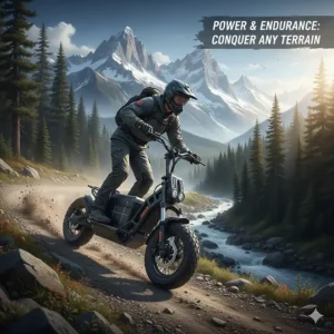 An off-road dual battery electric scooter tackling a gravel path in the Canadian Rockies, highlighting power and endurance.