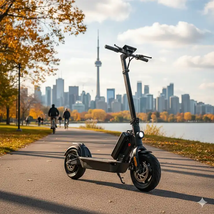A high-performance dual battery electric scooter parked on a paved trail with the Toronto skyline in the background, ideal for long Canadian commutes.
