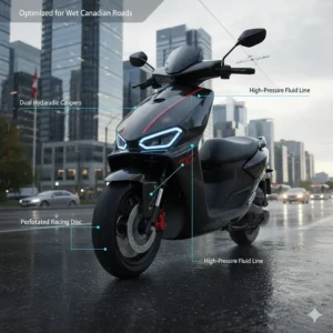 Technical illustration of dual hydraulic braking systems on a racing electric scooter for safety on wet Vancouver streets.