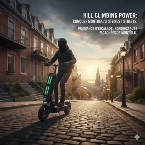 An illustration of a dual battery electric scooter easily climbing a steep street in Montreal or St. John's without losing power.