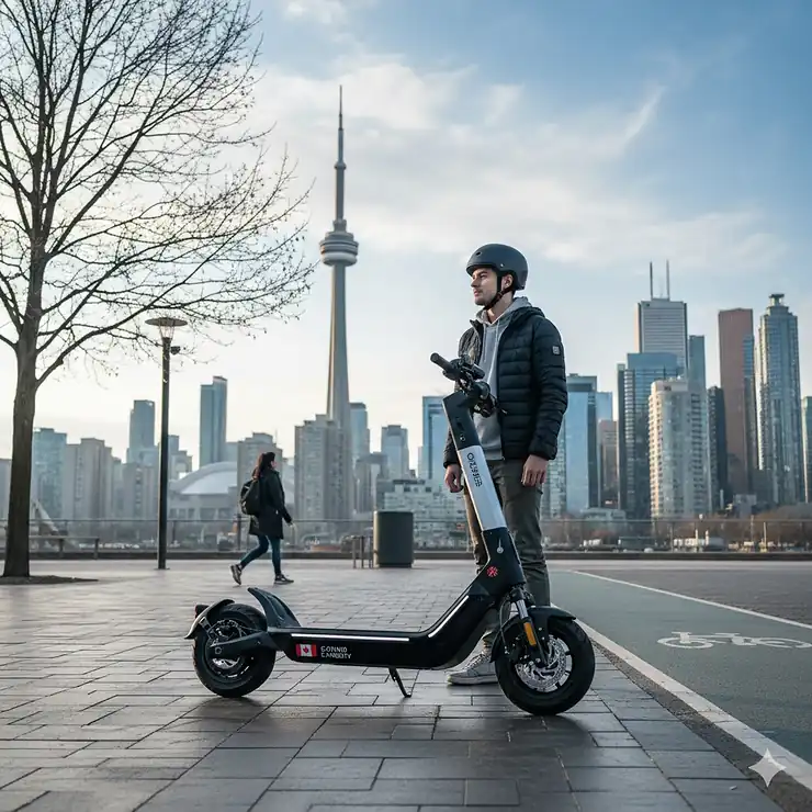 A powerful dual motor electric scooter parked on a paved city path with a Canadian skyline in the background.