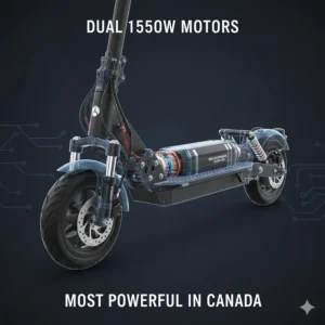 Detailed 3D render of dual 1500W motors, showcasing why this model is the most powerful electric scooter available in Canada.