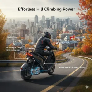 A graphic showing the power of a dual-motor racing electric scooter climbing a steep hill in a Canadian city.