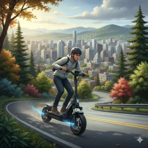 An illustration showing a dual motor electric scooter easily climbing a steep hill in a hilly city like Vancouver.