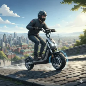 Illustration of a dual motor electric scooter easily ascending a steep incline, ideal for hilly Canadian terrain.