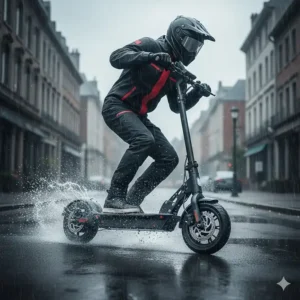 Illustration highlighting the hydraulic braking system on a dual motor electric scooter for safe stopping in wet weather.