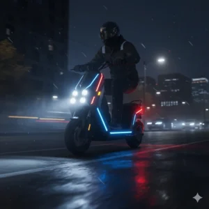 Illustration of bright LED headlights and deck lights on a dual motor electric scooter for visibility during Canadian winters.