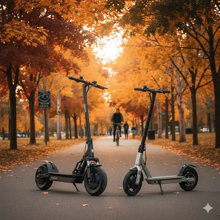 A side-by-side comparison of a dual motor vs single motor scooter on a paved Canadian park trail in autumn.