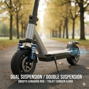 Detailed illustration of the dual suspension system on a high-end electric scooter for smooth rides on paved trails.