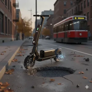 Dual suspension system on a performance electric scooter designed to handle rough Canadian roads and spring potholes.